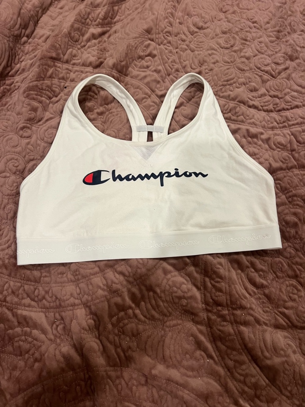 Champion White Racerback Logo Sports Bra with Navy and Red Accent